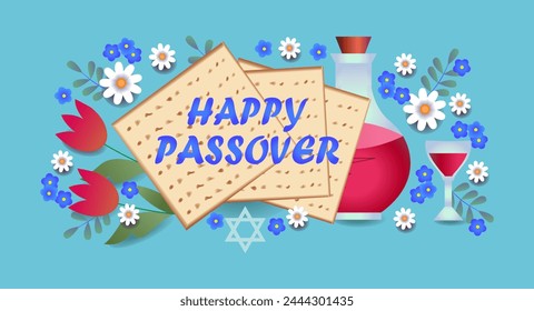  Happy Passover.Pesach.Greeting card, invitation, banner.Jewish matzah, wine, Star of David, tulips and daisies.