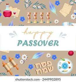 Happy Passover.Pesach.Happy Passover text in Hebrew,four glasses, wine, Jewish matzah, Seder plate, Torah scroll.Congratulations, invitation, announcement, poster, cover.