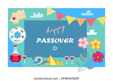  Happy Passover.Pessach.Greeting card, Banner, flyer, poster.Egyptian pyramids, sea wave, wine and four glasses, Jewish matzo, Seder plate, flowers.