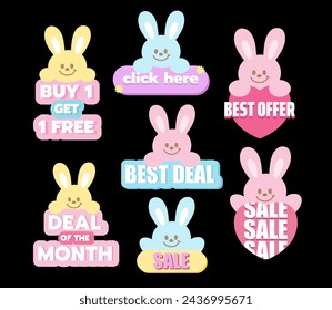 Happy pastel bunny with various sale tags including Deal of the Month, Best Offer, Buy 1 Get 1 Free, Best Deal, Click Here for online shopping, sticker, discount badge, template, campaign, promotion