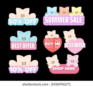 Happy pastel cat with various sale tags including 50% Off, Summer Sale, Best Offer, Buy Me, 10% Off, Shop Here for online shopping, sticker, discount badge, ad template, campaign, promotion, marketing