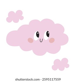 Happy pastel cloud vector illustration with a kawaii cartoon face. Ideal for whimsical, playful kids' designs, digital prints, greeting cards, and joyful sky-themed decorations.