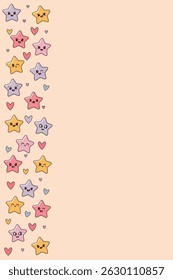 Happy pastel stars and hearts page. Cute cartoon frame. Smiling kawaii stars border in soft colors