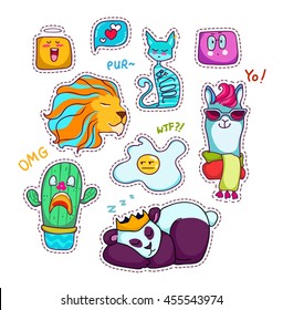 Happy patches set, colorful stickers collection with funny and cute fabulous lion, cool lama, sleeping panda, shocked cactus, dreaming cat... Hand drawn cartoon vector illustration.