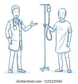 Happy patient, old man, with hospital gown and drip and doctor giving good news or results. Hand drawn blue outline line art cartoon vector illustration.