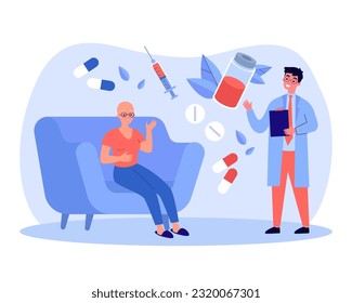 Happy patient receiving treatment vector illustration. Researcher offering woman with cancer vaccine and pills for curing disease. Cancer vaccine, health care, medicine concept