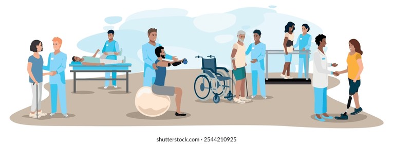 Happy patients of different ages, genders and nationalities undergo orthopedic rehabilitation with a physiotherapist. Rehabilitation center. Health recovery after illnesses and injuries. Flat vector i