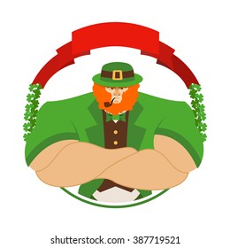 Happy Patrick day. Angry leprechaun in Green Hat. Serious big mischievous sprite with smoking pipe. Logo for holiday in Ireland 17 March