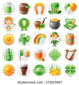 Happy Patrick day icon set, flat icons isolated white background. Green beer, irish flag, shamrock clover, leprechaun hat, pot of gold, celtic cross, harp. Northern Ireland holiday vector illustration