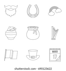 Happy Patrick day icon set. Outline style set of 9 happy Patrick day vector icons for web isolated on white background