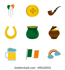 Happy Patrick day icon set. Flat style set of 9 happy Patrick day vector icons for web isolated on white background