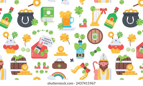 Happy patrick day seamless pattern with clover leaves, lucky coins and various irish culture elements 