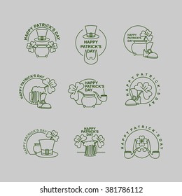 Happy Patrick Day set of emblems. Leprechaun hat and mug of beer. Old shoe and clover. big pot of treasure mischievous sprite. Logo for Irish holiday St. Patrick's Date March 17 