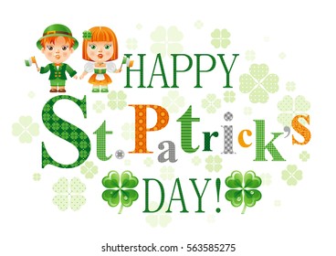 Happy Patrick day. Symbols border, isolated white background children boy, girl in costume dress, flag. Shamrock clover leaf. Traditional Northern Ireland celtic patrick's poster. Vector illustration