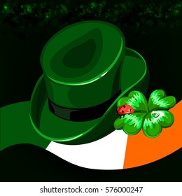 Happy Patrick day vintage background art. Green Hat and clover and ladybird background and the flag of Ireland.