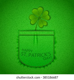 Happy Patrick's Day background with clover on green denim texture, illustration.