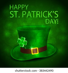 Happy Patrick's Day background with green leprechauns hat and shiny clover, illustration.