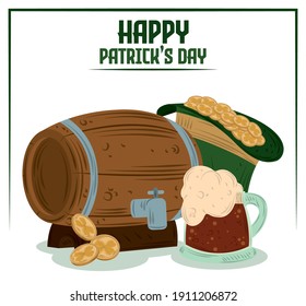 happy patricks day beer barrel mug hat with coins celebration card vector illustration