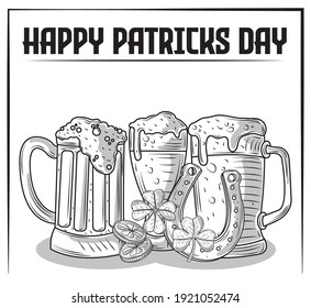 happy patricks day beer coins horseshoe and clover sketch design vector illustration