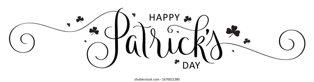 HAPPY PATRICK'S DAY black vector brush calligraphy banner with shamrocks
