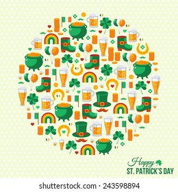 Happy Patrick's Day Concept with Flat Lovely Icons Arranged in Form of Circle. Vector illustration. 