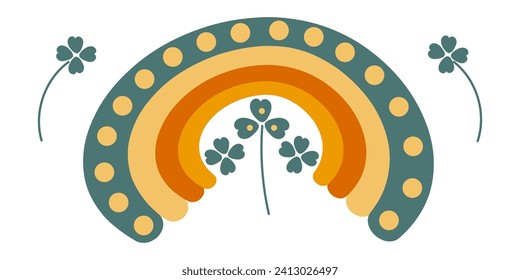 Happy Patrick's Day doodle colorful rainbow with clovers on white background. Multicolored vector illustration for postcards, invitations, advertisement, business, banners, Irish holiday of March 17