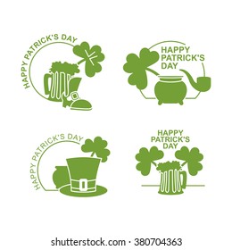 Happy Patricks day emblem Set . Green clover and pot with wealth. Beer mug and pipe. Hat cylinder. Accessories for St. Patrick's date in Ireland 