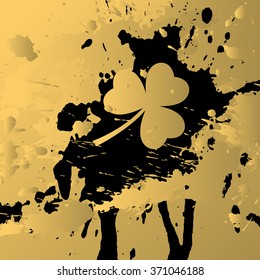 Happy Patrick`s Day gold and black greeting card. 
Hand Drawn and Handwritten Design Elements. 
Vector illustration.
Lettering Design.