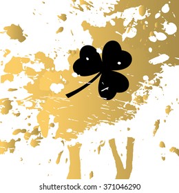 Happy Patrick`s Day gold and black greeting card. 
Hand Drawn and Handwritten Design Elements. 
Vector illustration.
Lettering Design.