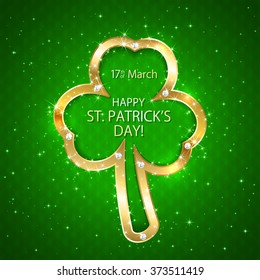 Happy Patrick's Day green background with golden clover, illustration 