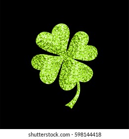 Happy Patrick's day. Green four leaf clover with glitter on black background 