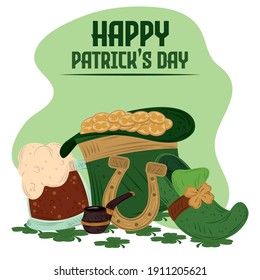 happy patricks day hat with coins shoe horseshoe and beer vector illustration