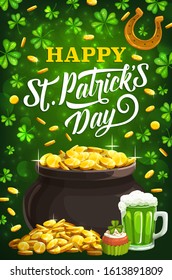 Happy Patricks day, Irish holiday celebration traditional symbols. Vector leprechaun gold coins pot and golden horseshoe, cake and green shamrock clover background