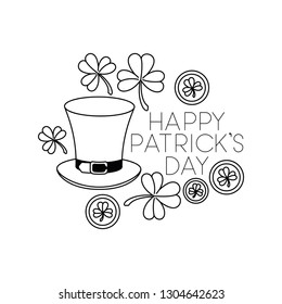 happy patrick`s day label with clover and elf hat icons
