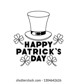 happy patrick`s day label with clover and elf hat icons