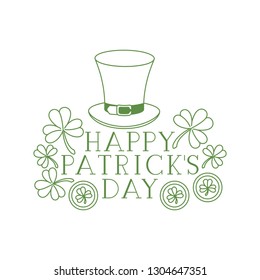 happy patrick`s day label with clover and elf hat icons