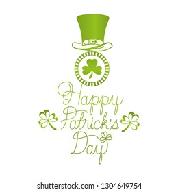 happy patrick`s day label with clover and elf hat icons