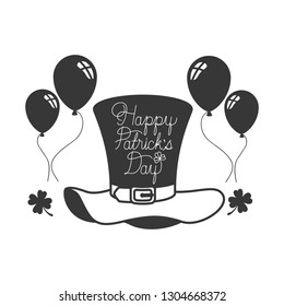 happy patrick`s day label with clover and elf hat icons