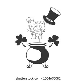 happy patrick`s day label with clover and elf hat icons