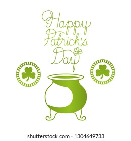 happy patrick`s day label with leprechaun cauldron icons