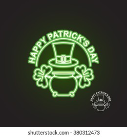 Happy Patricks day. Logo for holiday. Neon sign. Pot of gold and clover. Hat cylinder. March 17 accessories in Ireland 