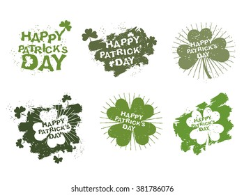 Happy Patricks day logo set in style of grunge. Trace of brush and Shamrock Clover. Clover with four leaves for lucky winner. Logo for traditional Irish celebration March 17 