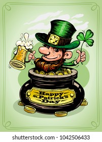 Happy Patrick's day postcard, hand drawn graphic vector illustration with Leprechaun sitting in potty with coins