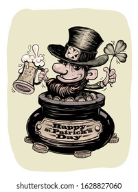 Feliz postal del día de Patrick con un leprechaun sentado en caca con monedas, ilustración gráfica a mano