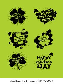 happy Patricks day set of emblems. Logos for Irish grunge holiday. Four listnyj for lucky Clover. Shamrock. Brush stroke. St. Patrick's Day celebration in Ireland

