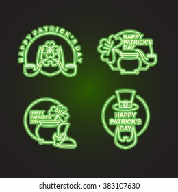 Happy Patricks day set of emblems. Neon sign for pub and bar. Leprechaun beard and mug of beer. Clover and pot with gold coins. Symbol for national holiday in Ireland 17 March