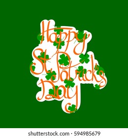 Happy Patricks Day, sticker with clover leaves, calligraphy phrase, words design template, vector illustration