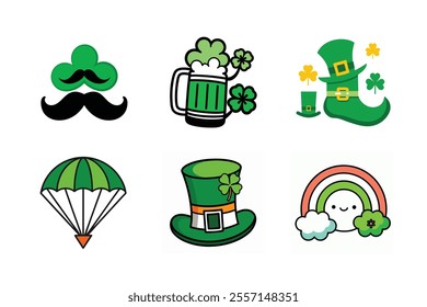 happy patrick's day vector art on white background. set of happy patrick day elements vector, Leprechaun Shoe, st. patrick mustache icons, beer jar icons.