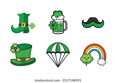 happy patrick's day vector art on white background. set of happy patrick day elements vector, Leprechaun Shoe, st. patrick mustache icons, beer jar icons.