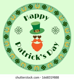 Happy Patrick's Day vector illustration Festive frame pattern. Text in a stylish frame on a light green background. Design of banner, poster, flyer, greeting card. Isolated color elements on backdrop.